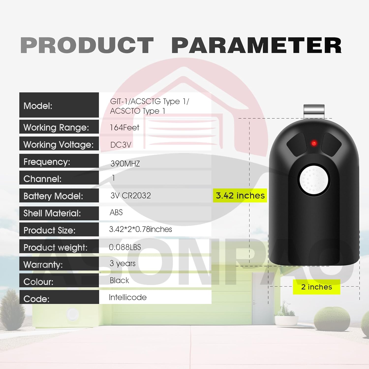 Product parameter chart showing model, range, voltage, frequency, battery, material, weight, color, and code type.