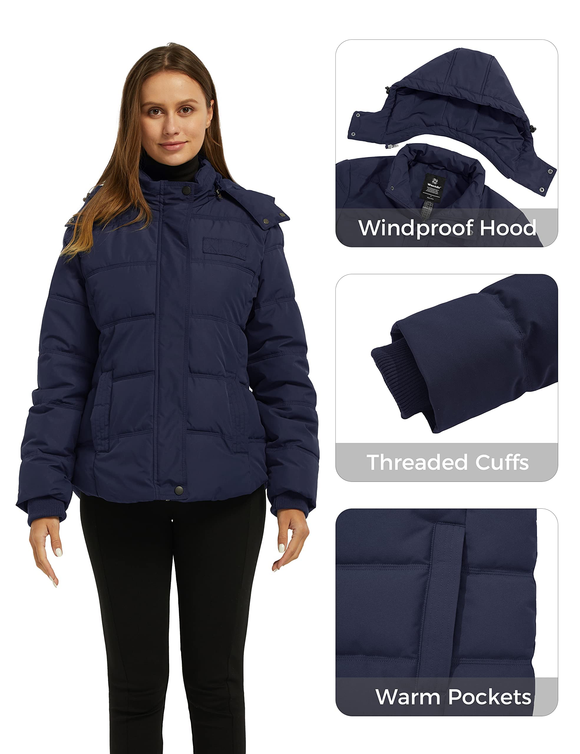 Wantdo Chaqueta de Invierno para Mujer Abrigo Corto Cálido Chaqueta Acolchada Gruesa Chaqueta Acolchada de Invierno A Prueba de Viento con Capucha Desmontable Abrigo Acolchado