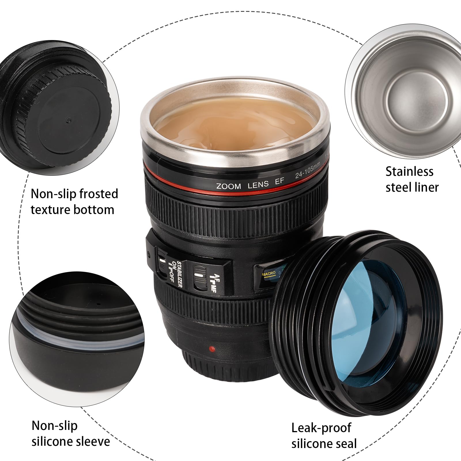 Camera Lens Coffee Mug,Travel Coffee Cup,Stainless Steel Lens Mug Thermos Camera Mugs with Lid and Spoon,Cool Gifts for Photographers Men and Women