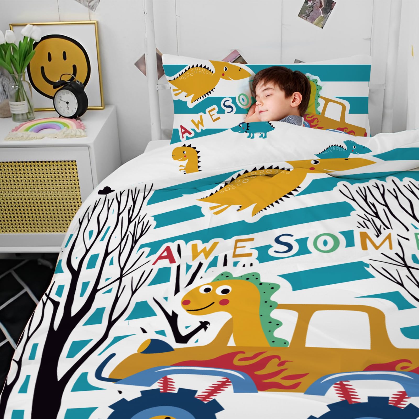 Benooa Bedding Sets,Soft Warm Skin Friendly Breathable Dinosaur Printed Pattern Kids Bedding Sets,Include?1 x Comforter, 1x Flat Sheet, 1 x Fitted Sheet, 1 x Pillowcase,for Summer Boys Bedroom