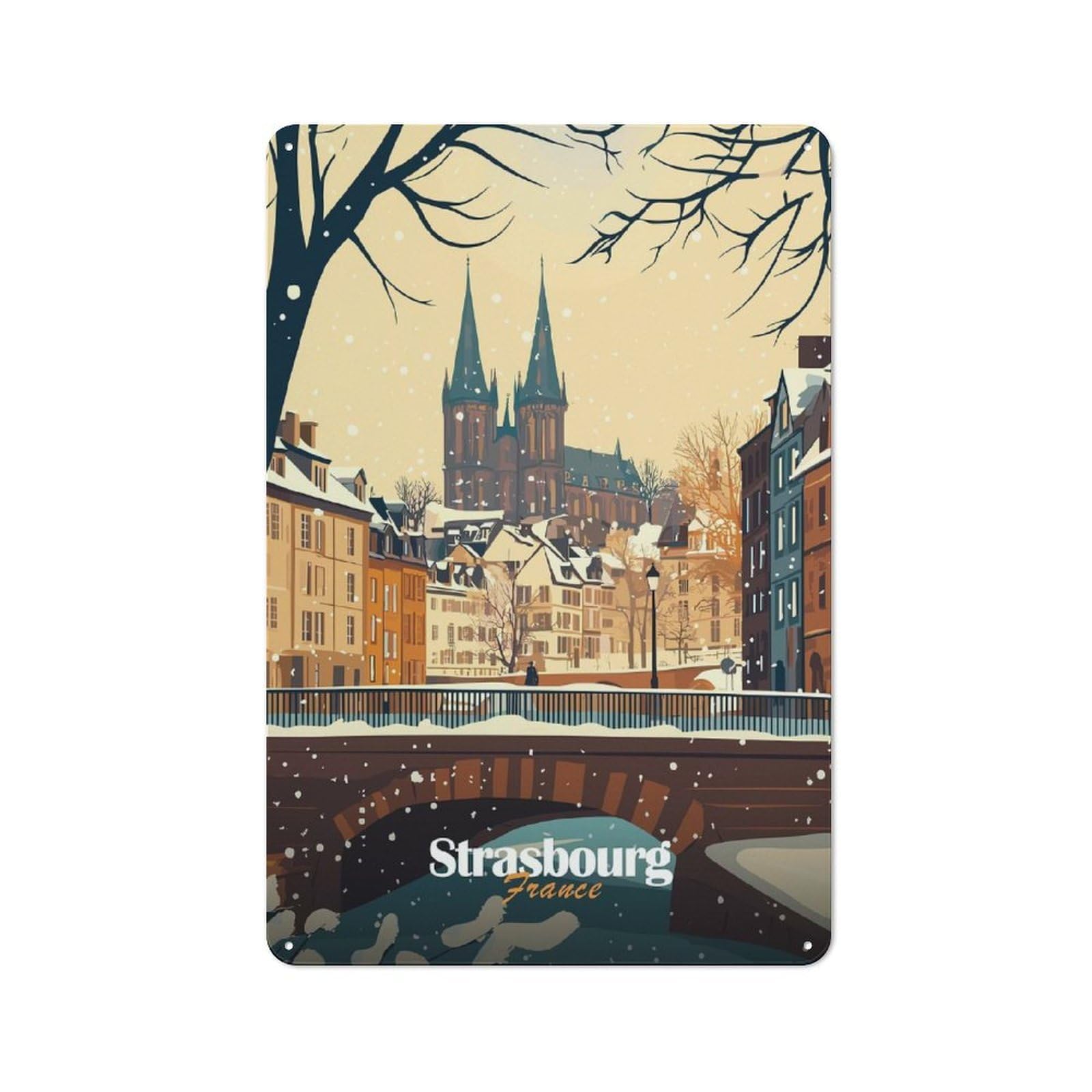 Junmoney Style-3 Strasbourg Winter Scene Vintage Tin Sign 30X20cm For Café Or Restaurant, Suited To Café Owners And Decorators