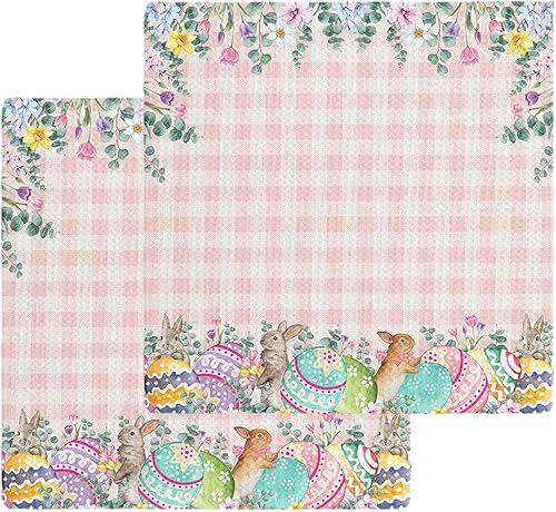 2 Packs Kitchen Towel Cotton Waffle Weave, Happy Easter Bunny Rabbits Spring Florals Eggs Buffalo Plaid Absorbent Quick Drying Dish Cloths for