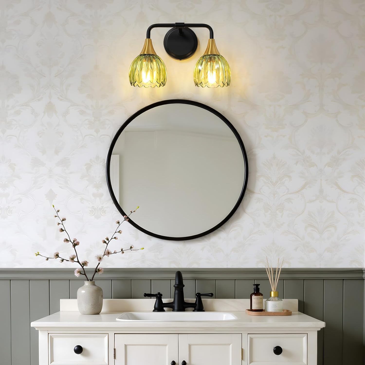 Bathroom Vanity Light Fixtures: 2-Lights Vintage Bathroom Lights Over Mirror with Ribbed Green Tulip Glass Shade - 14 inch Black and Gold Wall Sconce Bath Lighting