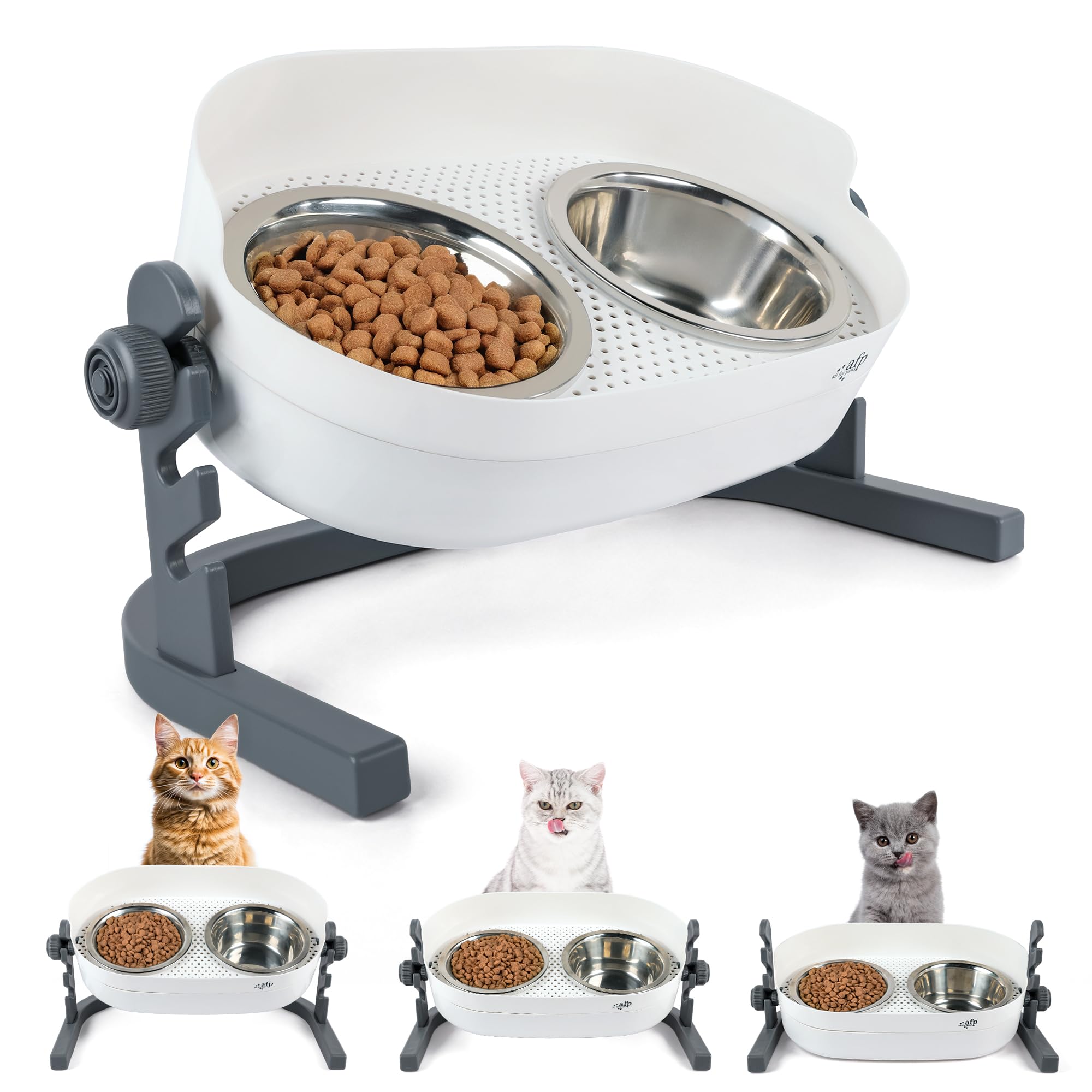 All for Paws Height Adjustable Cat Elevated Bowls Stainless Steel Dog Food Water Bowls, Height Adjustable Cat Feeder Mess Proof Pet Feeding Bowls for