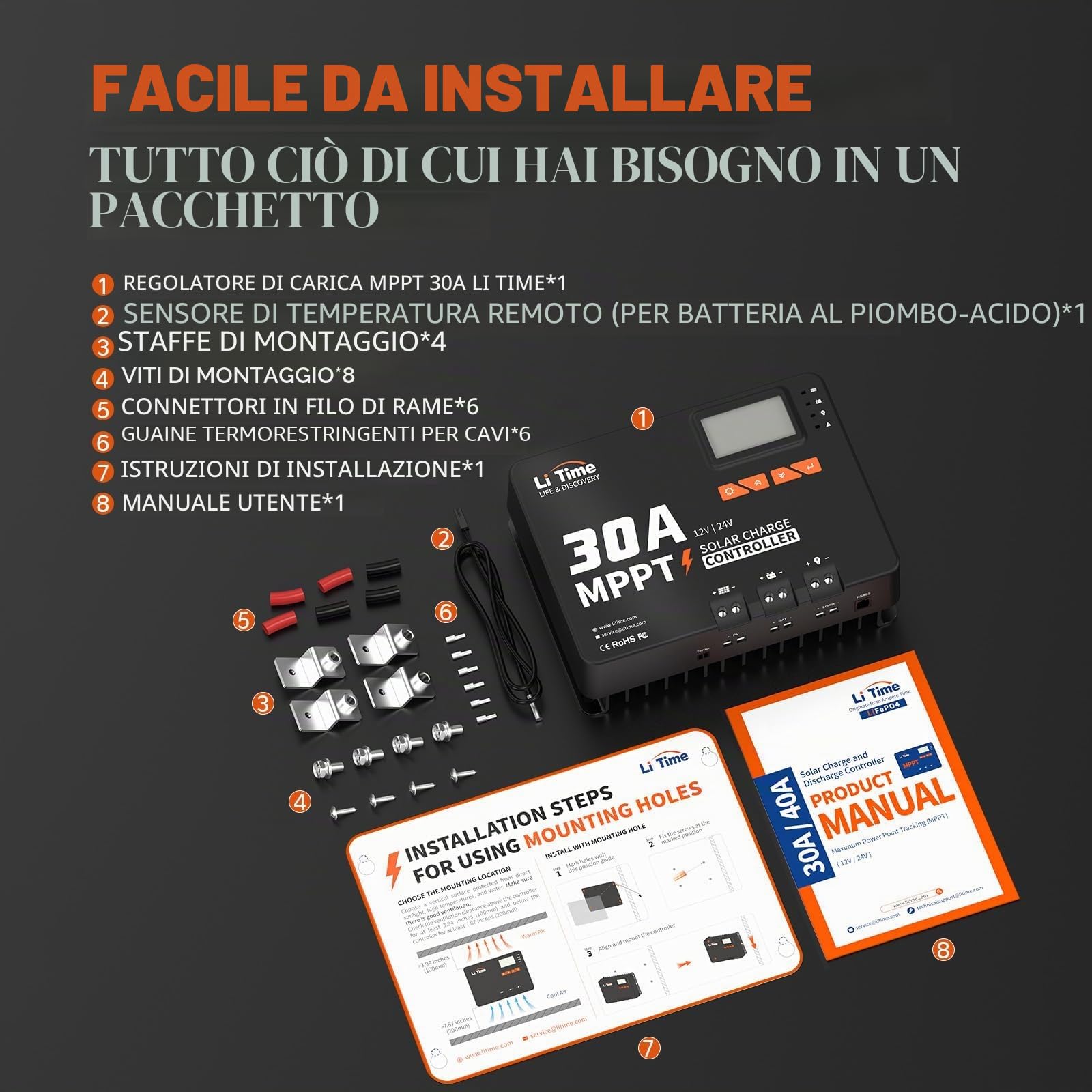 LiTime 30A Regulador de Carga Solar, Controlador de Carga Solar 12v Con Adattatore Bluetooth, Display LCD Regolabile e Indicatore LED，Regulador Solar Mpp Adatto per Batterie al Litio