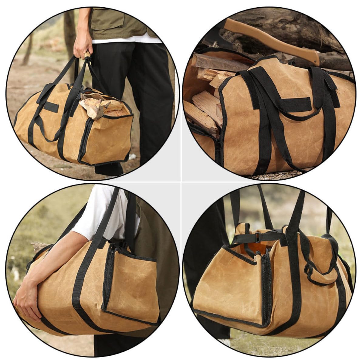 Borsa per Legna in Canvas Manici Doppi, Pratico Contenitore per Legna da Ardere, Borsa Portabile per Campeggio in Stile Semplice