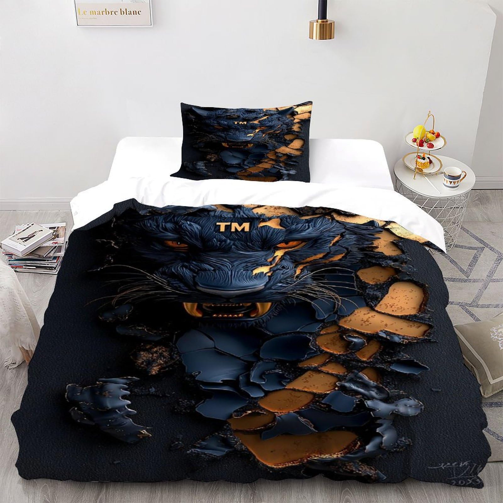 Housse de couette tigre microfibre parure lit ado sans pli