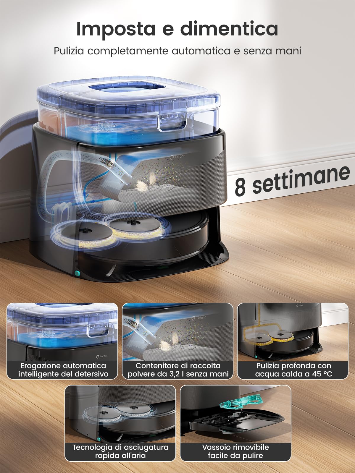 LEFANT M3 Robot Aspirapolvere Lavapavimenti con Mappatura, LiDAR dToF, 12000Pa, Ostacoli PSD, Stazione All-in-One, 3.2L Autosvuotante, Lavaggio Mop a 45°C e Asciugatura, WiFi 2.4G/5G, Alexa/APP, Nero