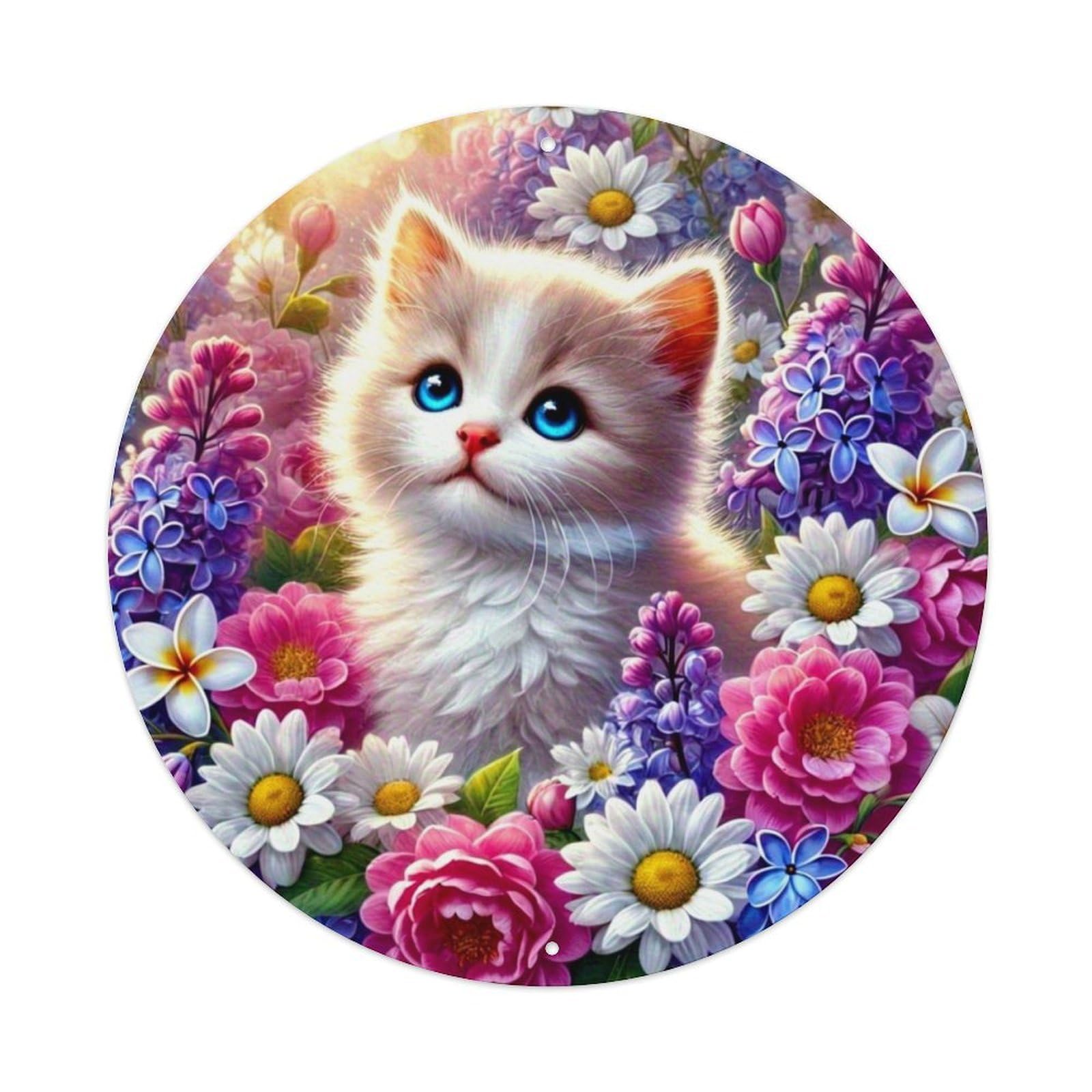Cute Kitten Surrounded By Flowers Vintage Metal Tin Sign Retro Wall Decor for Home Bar Garage Cafe, Indoor & Outdoor Decorative，circle Metal Poster, 8x8 Inch