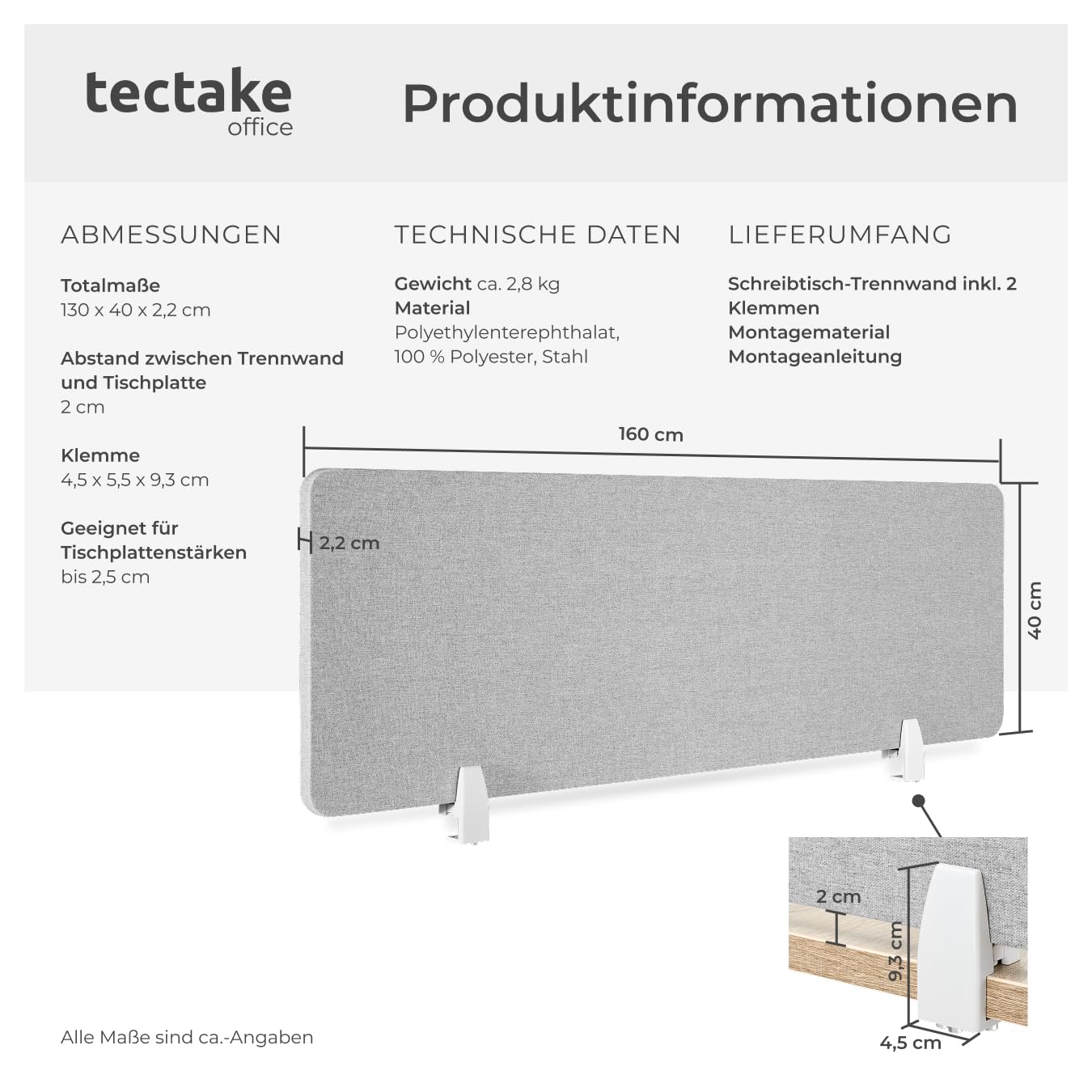 tectake® Schreibtisch Trennwand, Akustik Polster, Tischtrennwand, Sichtschutz Schreibtisch, Schallschutz Büro, Schule oder Home Office, Pinnwand, einfache Montage ohne Bohren, 160 x 40 cm - grau