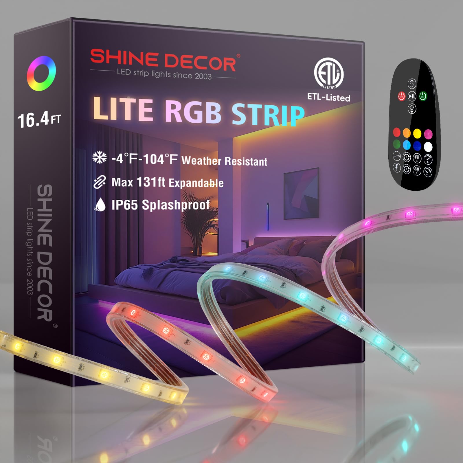 Shine Decor 120V RGB LED Strip Light Remote Control, Cold Resistant IP65 Waterproof Outdoor Strip Lighting Color Changing, Connectable Lite Multicolor Lighting Strip 7x13mm, 16 FT 150 LEDs ETL Listed