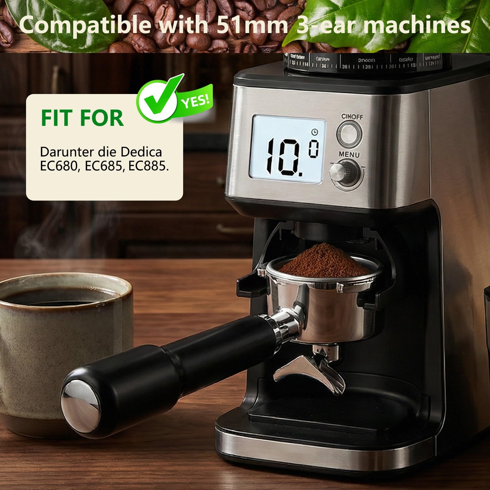 Portafiltro 51 mm con 3 Orejas y Doble Caño Compatible con DeLonghi Dedica EC680/EC685/EC885 – Acero Inoxidable 304 y Mango ABS, Fácil de Limpiar (Negro)