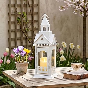 TRIROCKS White Metal Candle Lantern 31 cm House Shape with Tempered Glass Decorative Lantern for Hanging or Standing for Mantle Fireplace Wedding Balcony & Patio Table