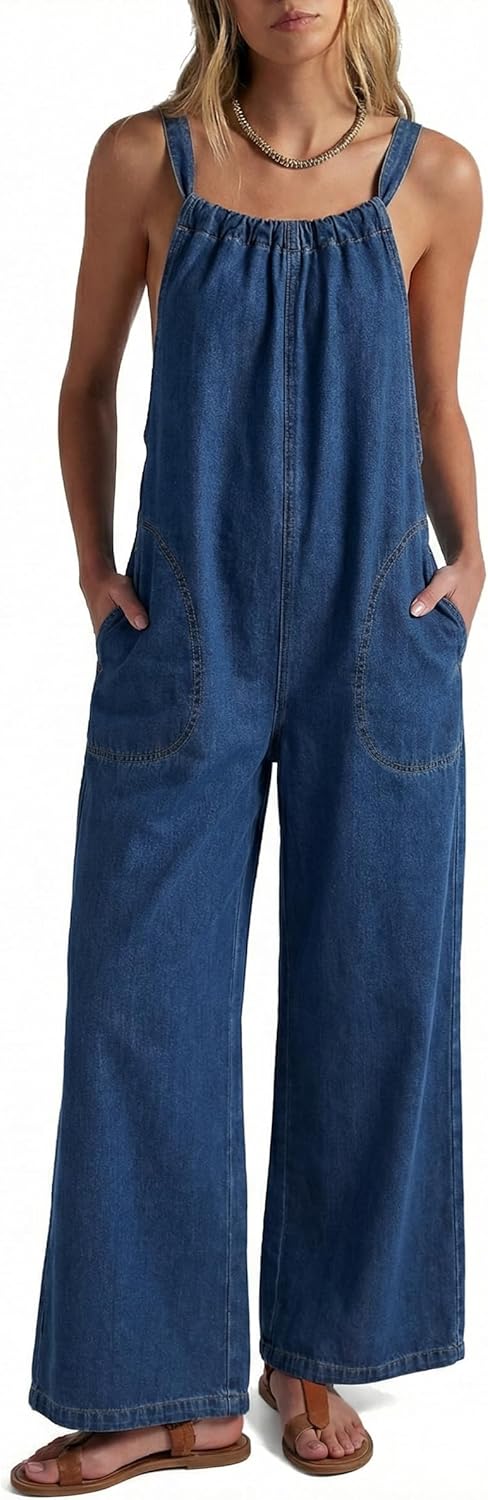 POTILI Denim Overalls for Women Jean Jumpsuit Wide Leg Adjustable Tie-Back Straps Loose Fit Baggy Jumpers Rompers