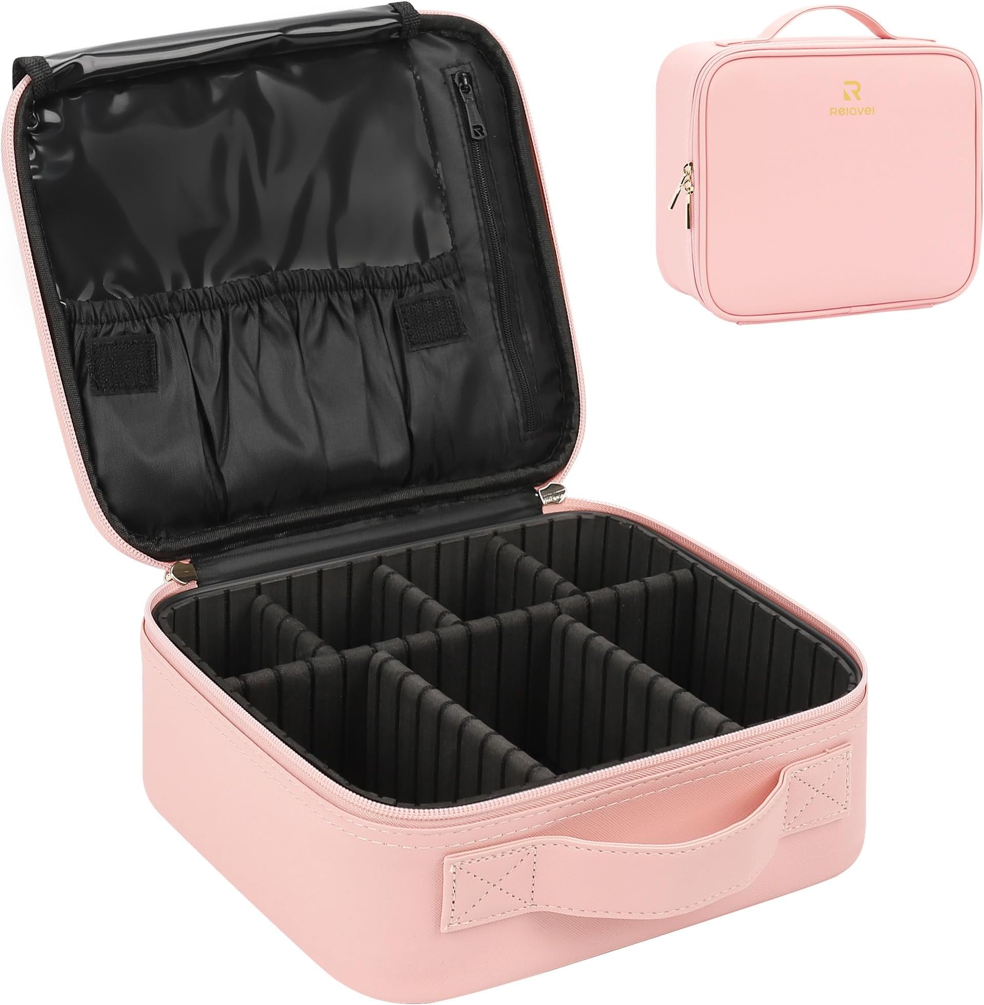 Travel Makeup Train Case - Portable Artist Storage Bag 10.3 Inches With Adjustable Dividers for Cosmetics, Brushes, Toiletry, Jewelry (Pink)