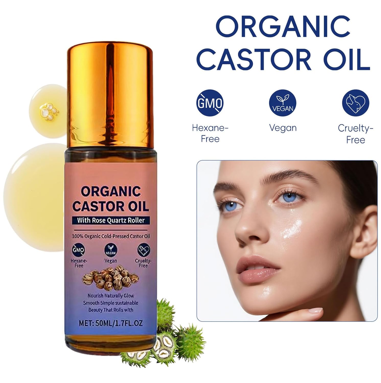 Organic Castor Oil with Rose Quartz Roller Ball,100% Castor Oil Organic Cold Pressed, Amber Glass Bottle, Hexane-Free, for Face and Body, Hair, Eyebrows, Moisturizer Skin.