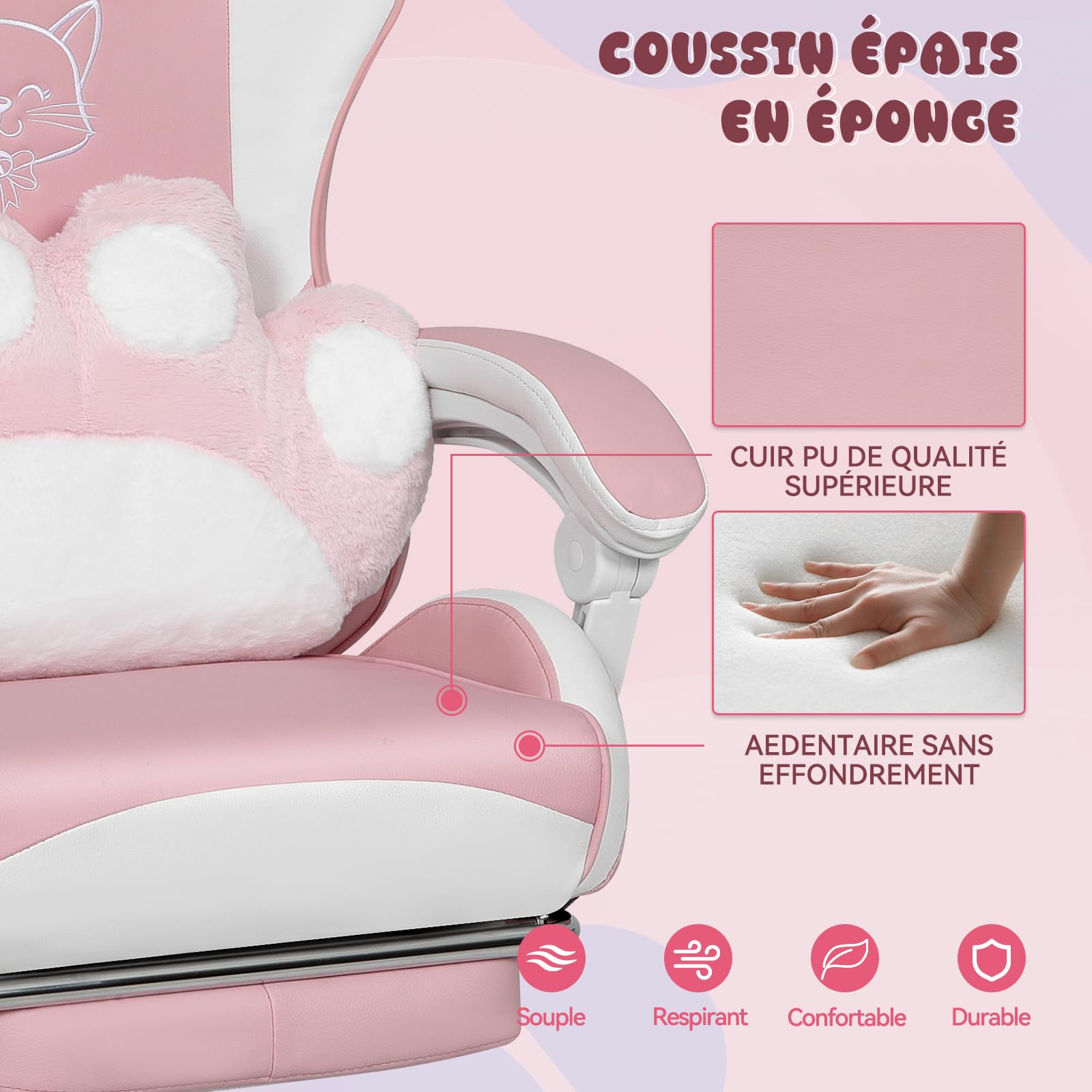 YOURLITE Chaise Gaming Rose Chat,Fauteuil Gamer Ergonomique,Rose et Blanc
