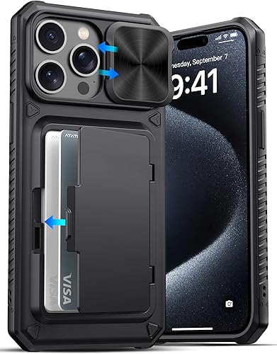 Funda para iPhone 15 Pro Max con soporte para tarjetas, funda tipo cartera con funda deslizante para cámara y soporte, duradera protección contra