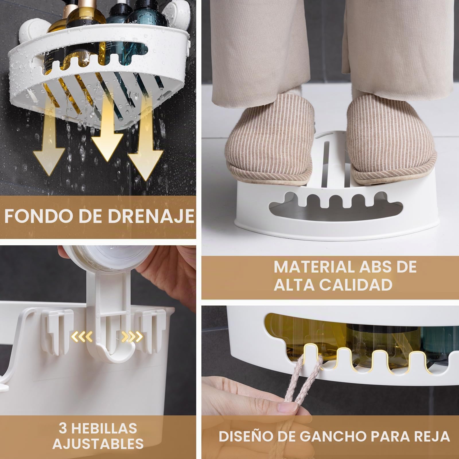 LEVERLOC Ventosas de Vacío Estantería de Ducha sin Taladrar Estantería de Esquina para Baño y Cocina Extraíble MAX Hold 10KG Estanteria Baño Ducha Rinconera Impermeable Estante Ducha, 2 Unidades