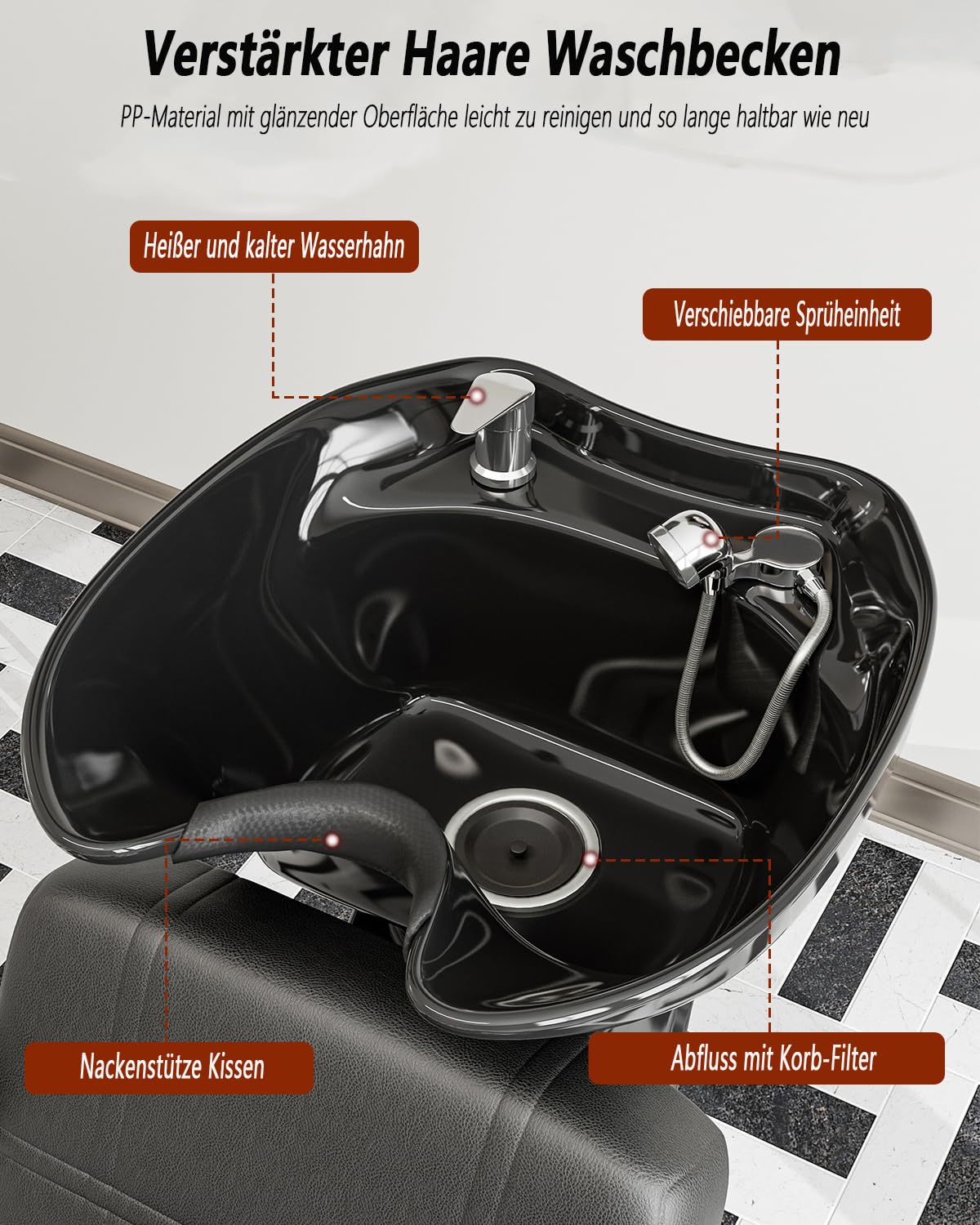 Icoget Professioneller Shampoonierstuhl mit Höhenverstellbarem Becken | Haarwaschbecken für Friseursalons & Barbershops | Ergonomischer Stuhl mit PU-Leder | Neigbares Becken aus PP-Kunststoff