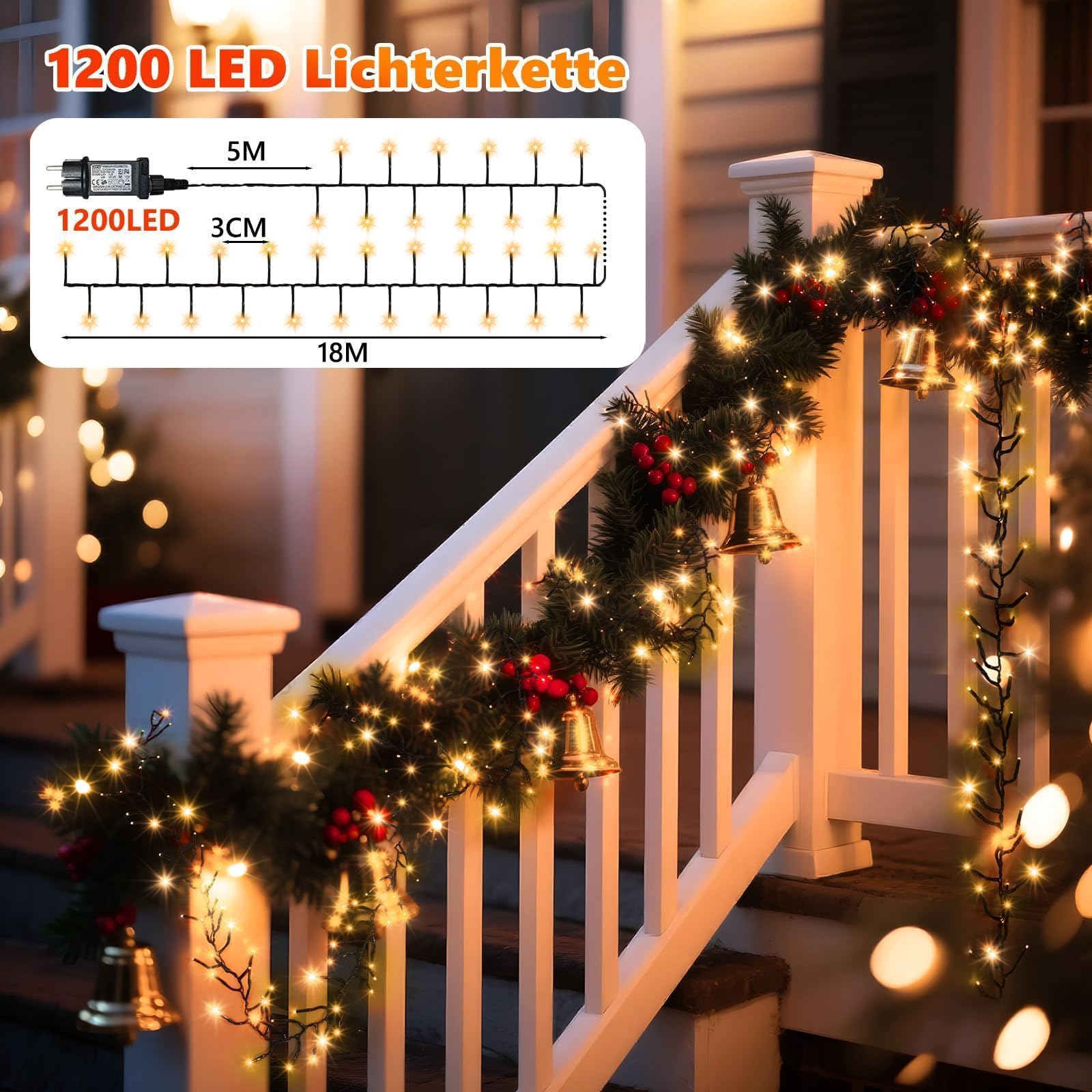 LED Lichterkette Weihnachtsbaum,18M 1200 LEDs Warmweiß Lichterketten Außen mit 12 Modi & Timer für Garten, Weihnachtsbeleuchtung mit Fernbedienung für Garten, Weihnachtsbaum, Hochzeit