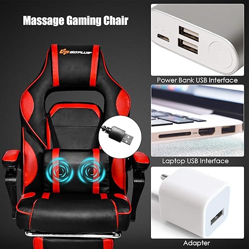 Miniatura 6 de Goplus Silla de masaje para juegos, respaldo reclinable, ajuste de altura del asiento, silla de oficina para computadora de carreras con reposapiés,
