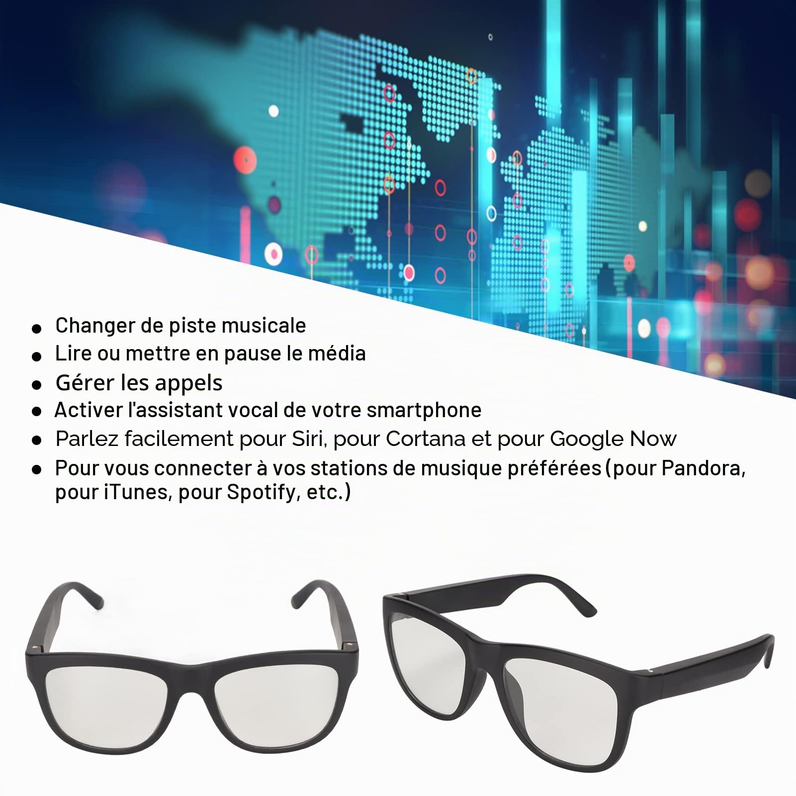 Lunettes Intelligentes, Lunettes de Audio Bluetooth sans Fil Micro et Haut-Parleur Intégrés Commande Vocale Appel Mains Libres, Écouteurs Multifonctions sans Fil à Oreille
