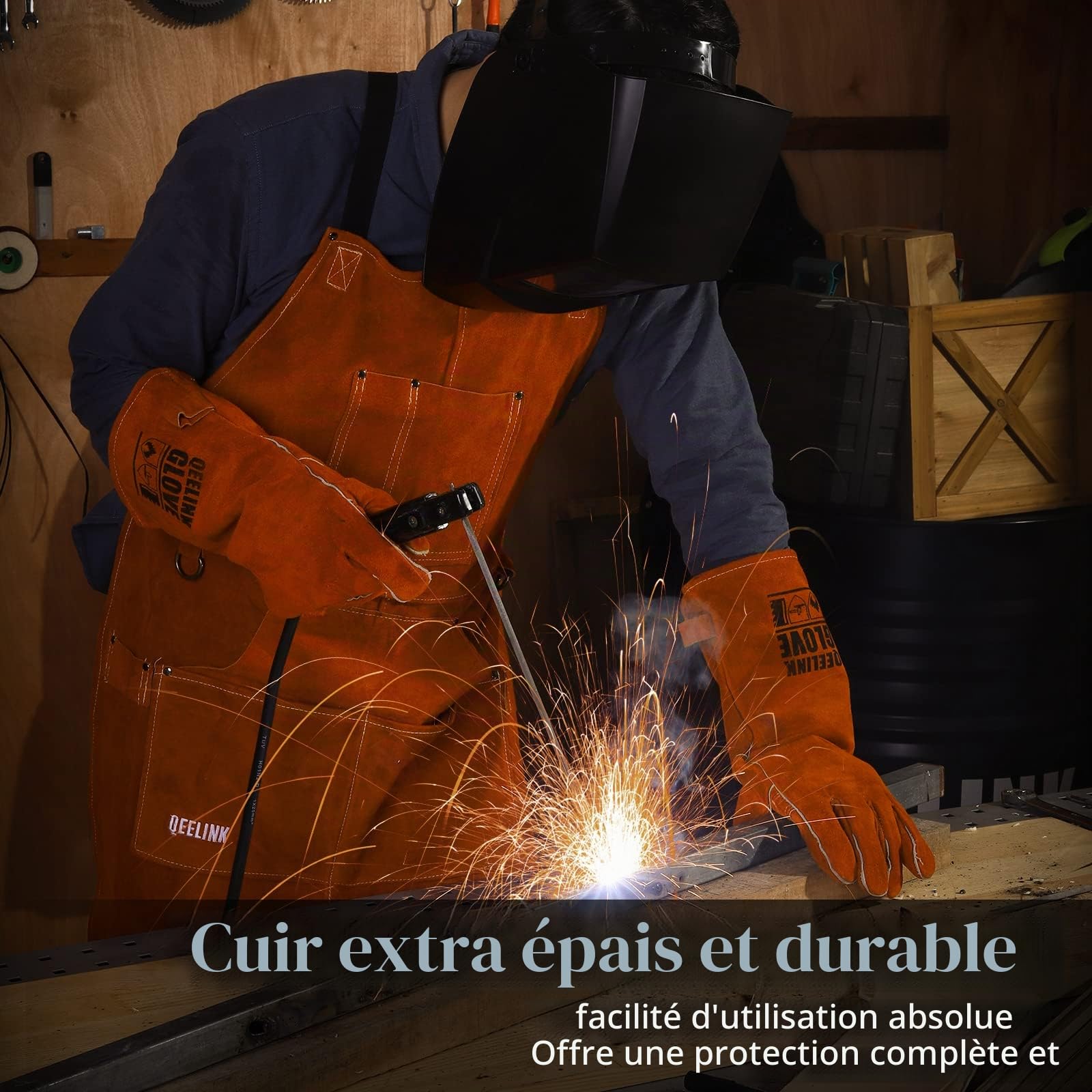 QeeLink Tablier de travail en cuir avec 6 poches à outils, tablier de soudure robuste pour homme et femme, résistant à la chaleur, 61 cm x 91 cm, réglable de taille M à XXL
