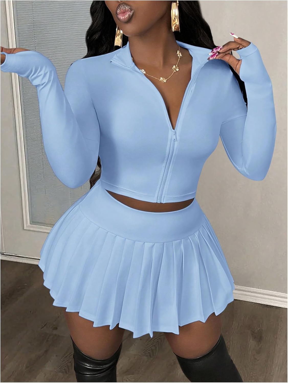 SOLY HUX Women's Skirt Sets 2 Piece Outfits Long Sleeve Crop Top with Pleated Mini Skirt Set Party Outfits for Women - Image 3