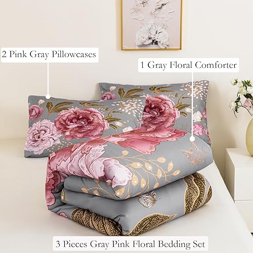 Miniatura 4 de ANGIYUIN Juego de edredón floral rosa tamaño Queen con fundas de almohada