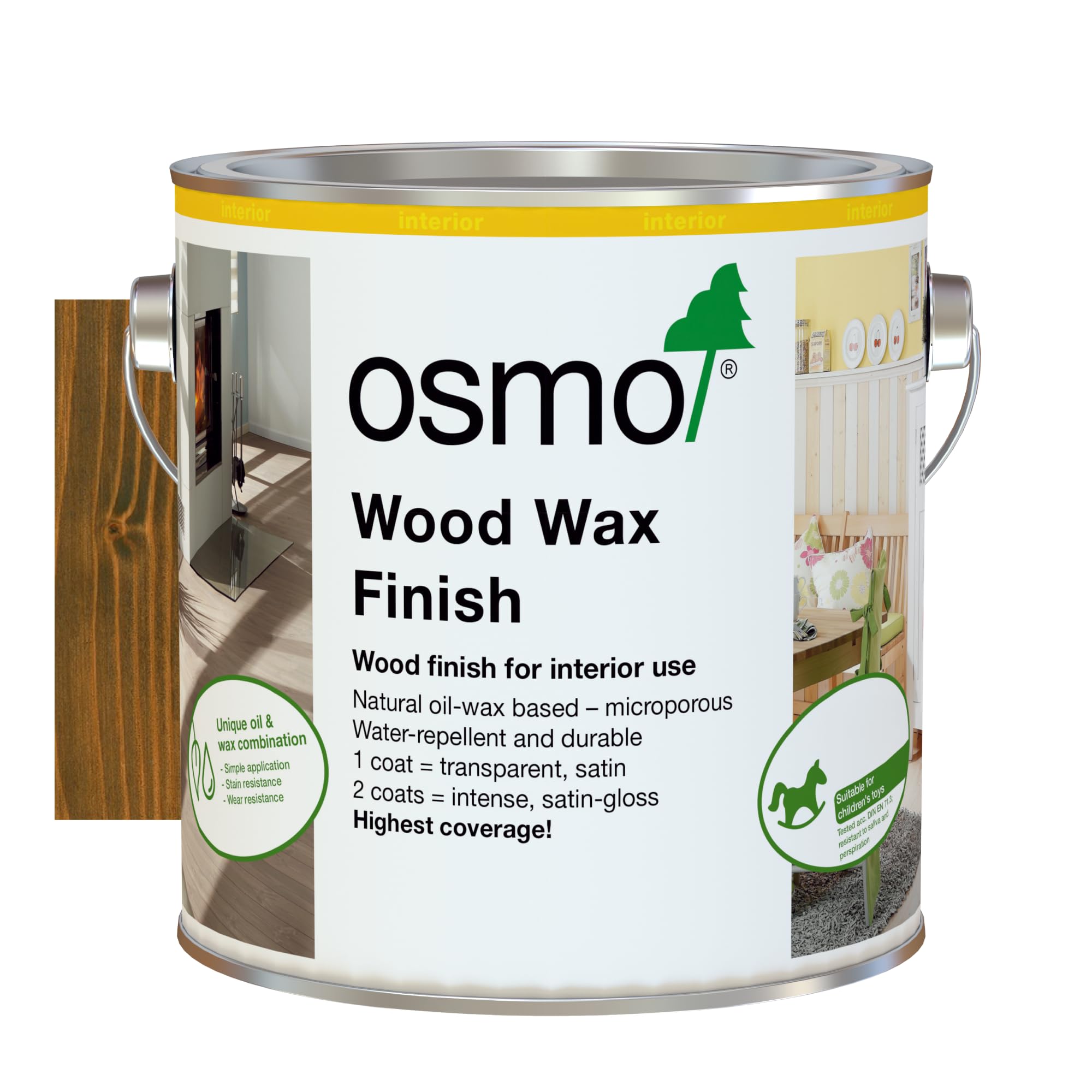 Osmo Wood Wax Finish 3166, Walnut Satin Finish, 2.5L - Durable Furniture Wax for Wooden Furniture, Water-Resistant Floor Wax, Wood Treatments - Ideal for Oak, Pine & More