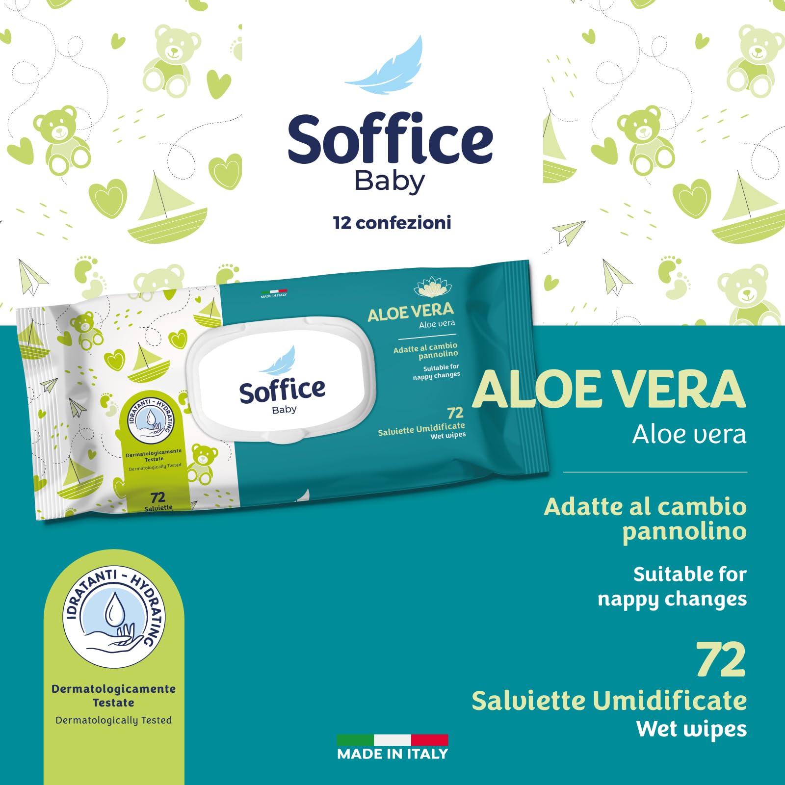 Soffice Salviettine Neonato Aloe Vera, Delicate su Pelli Sensibili - Multipack 12 Pacchi da 72 Salviette - 864 Pezzi