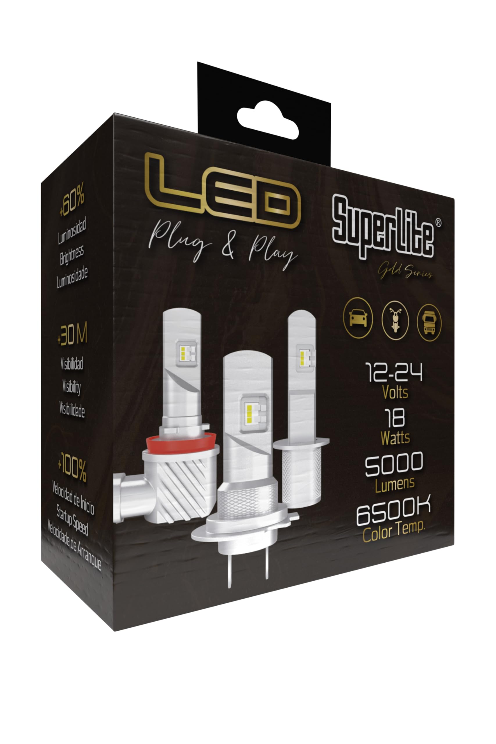 Kit de Lámparas Conversión Halógena to LED H7 Plug & Play Gold Series 6500K / 10000 Lumens / 12-24V / 18W Para Coche, Moto y Camión