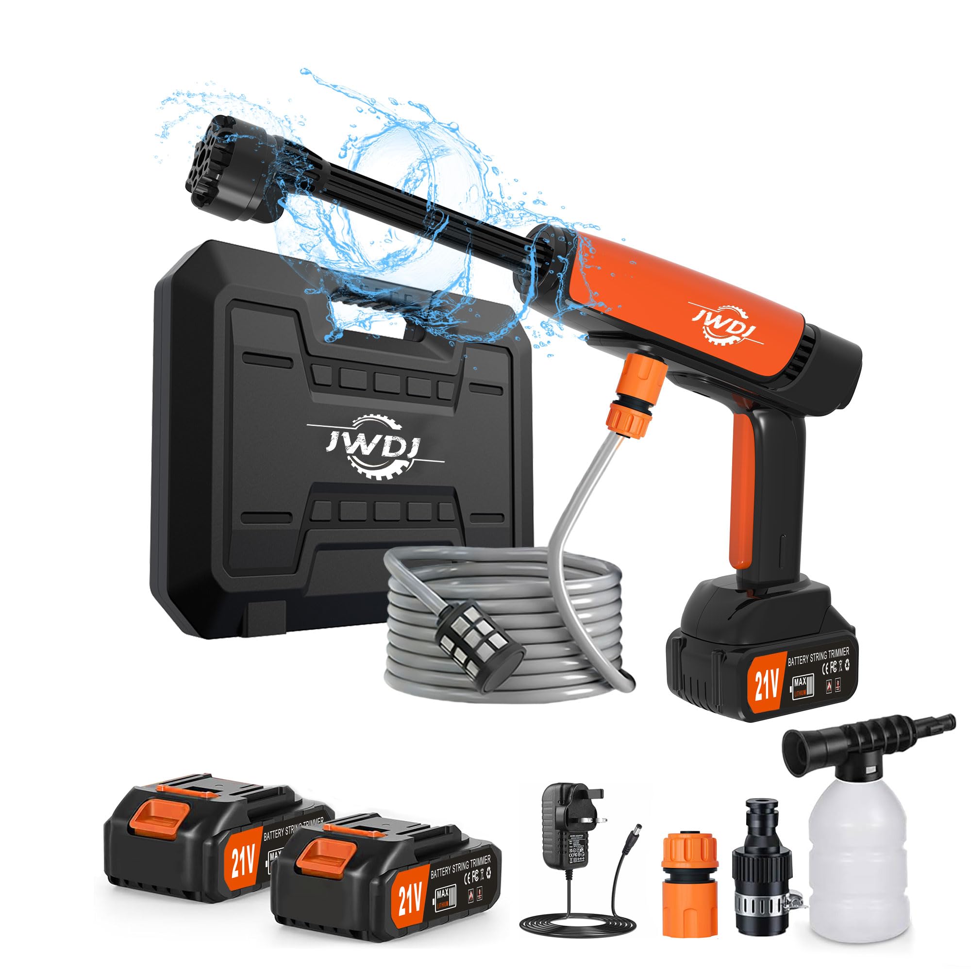 Jwdj Portable Cordless Pressure Washer - 2 Pack Batteries 1200PSI 336l/h Cordless Power Washer Battery Operated with 6-in-1 Nozzle, Adjustable Foam Cannon for Car Garden