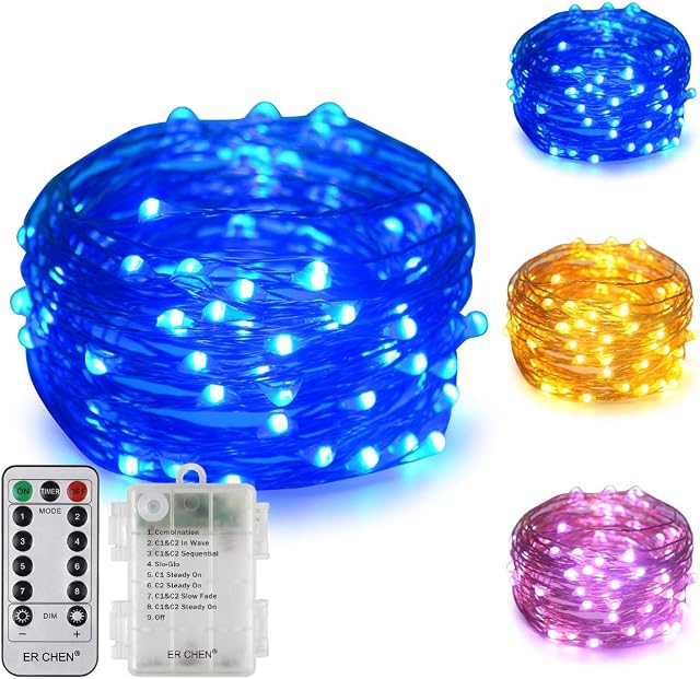 ErChen Battery Powered Dual-Color Led String Lights, 33FT 100 LEDs Color Changing Dimmable 8 Modes Copper Wire Fairy Lights with Remote Timer for Indoor Outdoor Christmas (Warm White, Blue)
