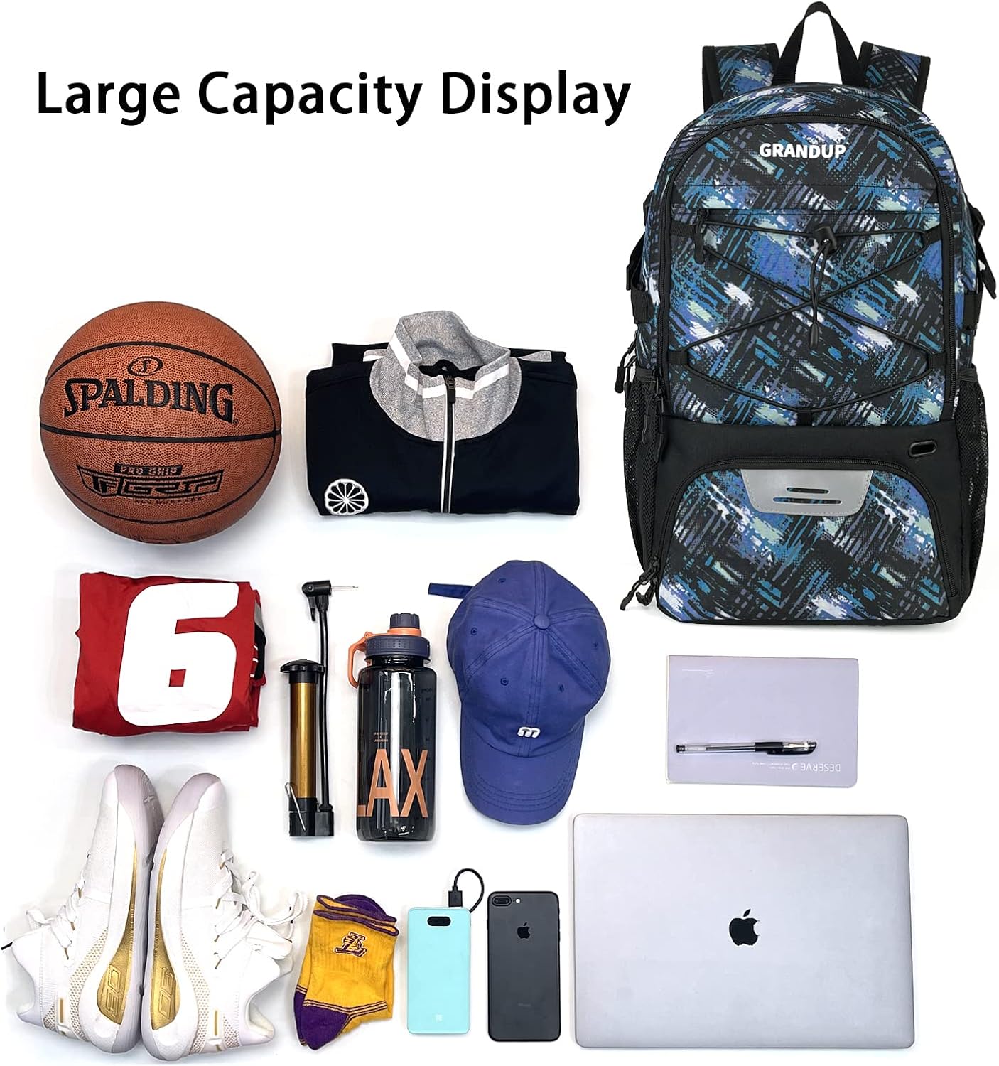 GRANDUP Basketball backpack with ball and shoes compartment Fit Volleyball, soccer, Swim, Gym, Travel, and School, large capacity sports training equipment bags