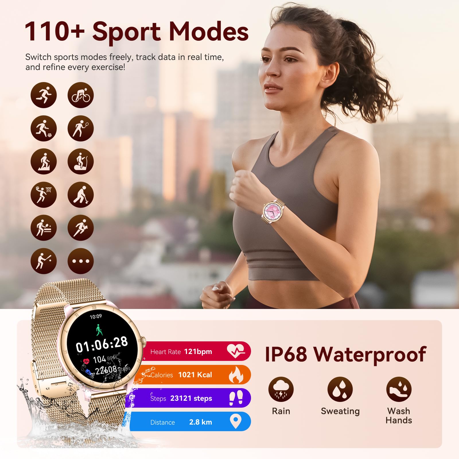 Smart Watch da donna, schermo HD, fitness tracker, impermeabile fino a 5 atm, con Bluetooth, per effettuare e rispondere alle chiamate, tracker di attività con cardiofrequenzimetro/sonno/femmina