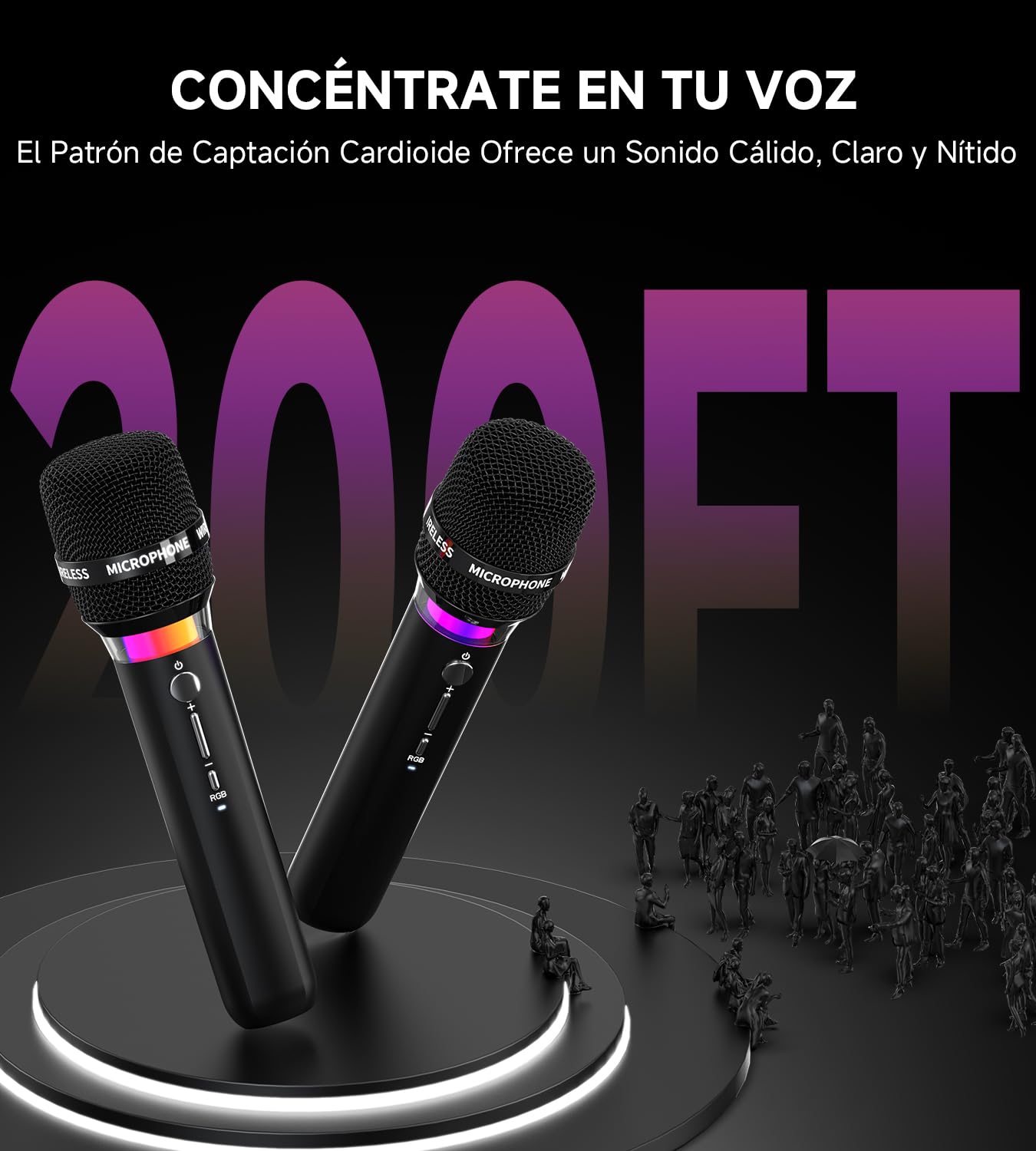 Micrófono Inalámbrico, Micrófonos Duales Inalámbricos Recargables Con Conexión de Chip Uno a Uno y Luces LED, 40h de Duración, Alcance de Recepción de 60m, Micrófono de Karaoke Para Cantar. (Negro)