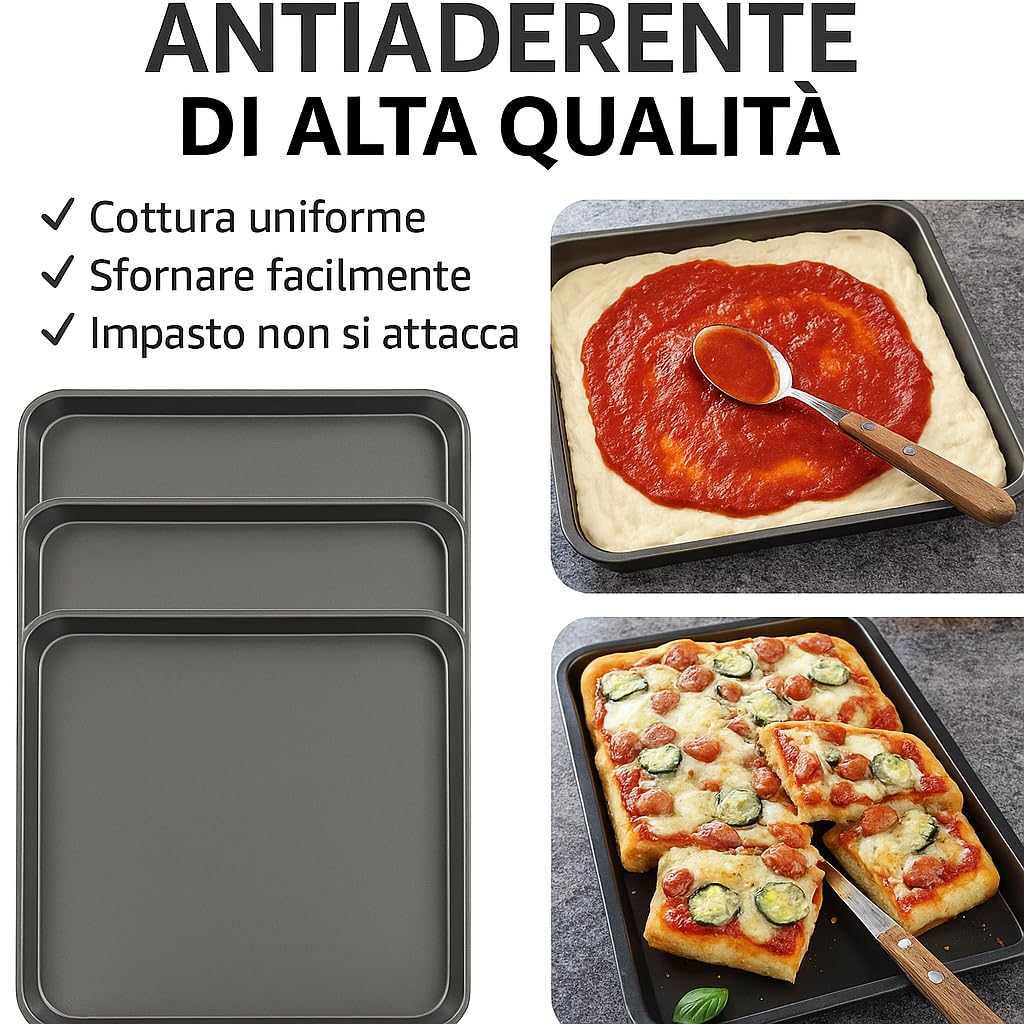 3 Tris teglia da forno pizza quadra quadrata cm 30x30h3