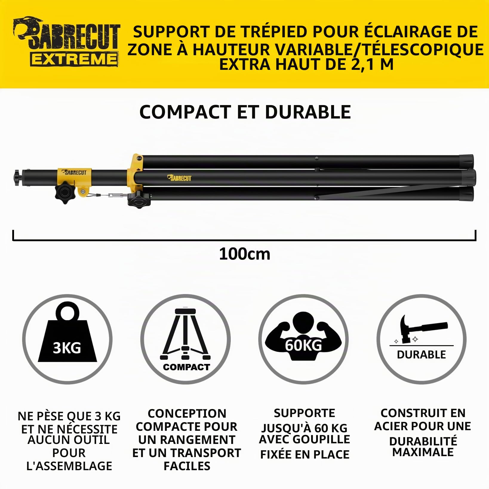 SabreCut SCLEDTRIPB Trépied télescopique extra haut à hauteur variable de 2,1 m pour lampe de travail projecteur de site équipement de sonorisation