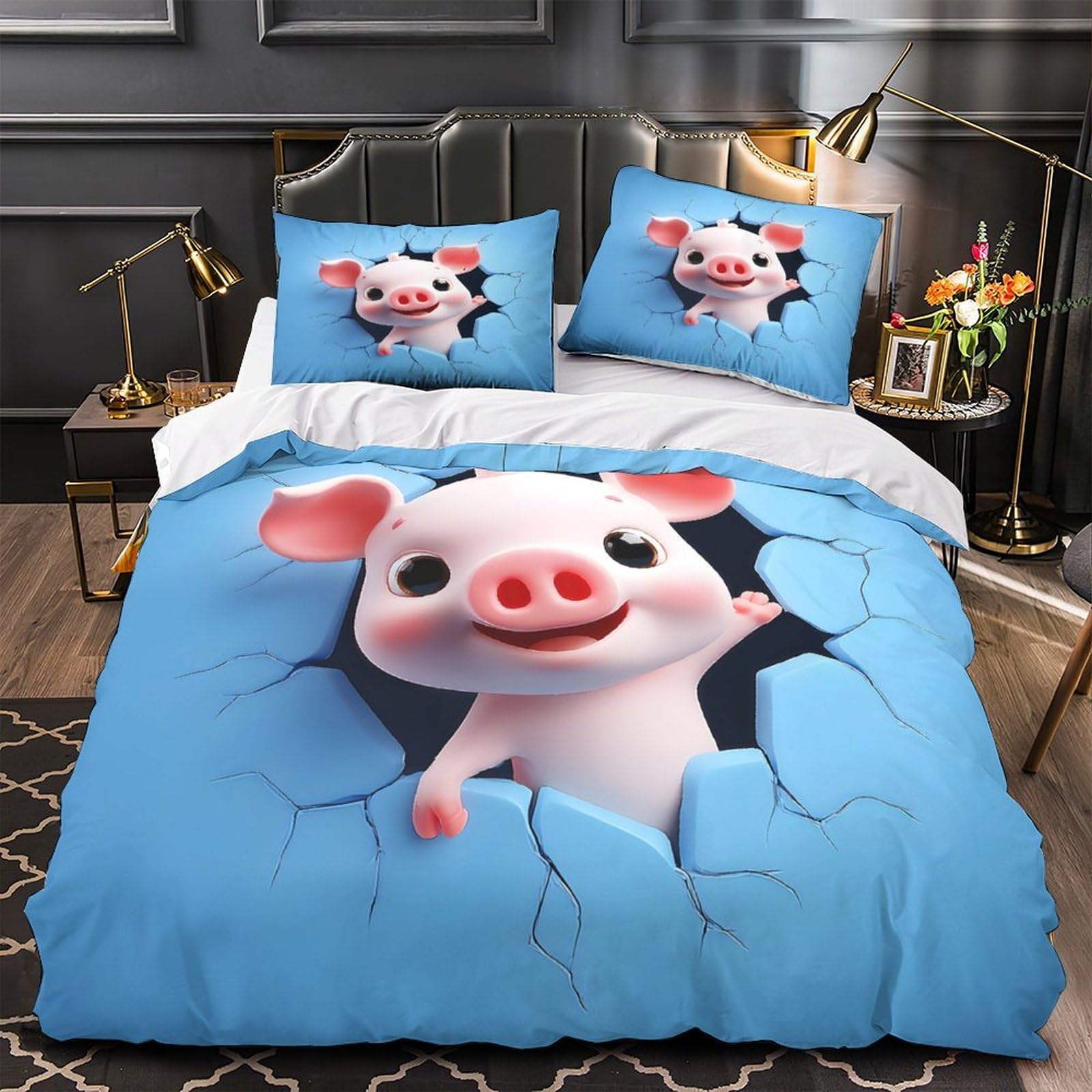 Parure de lit cochon respirante anti-plis pour lit single