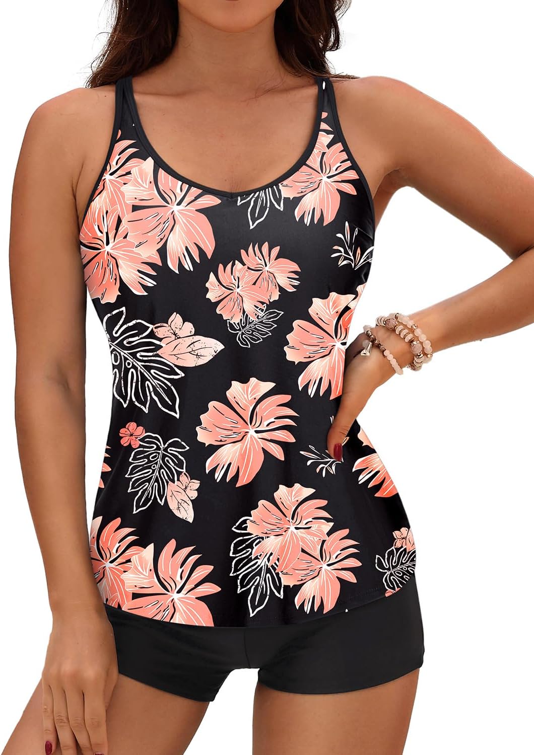 Yonique 2 Piece Tankini Swimsuits for Women with Boy Shorts Athletic Swim Tank Top Bathing Suits