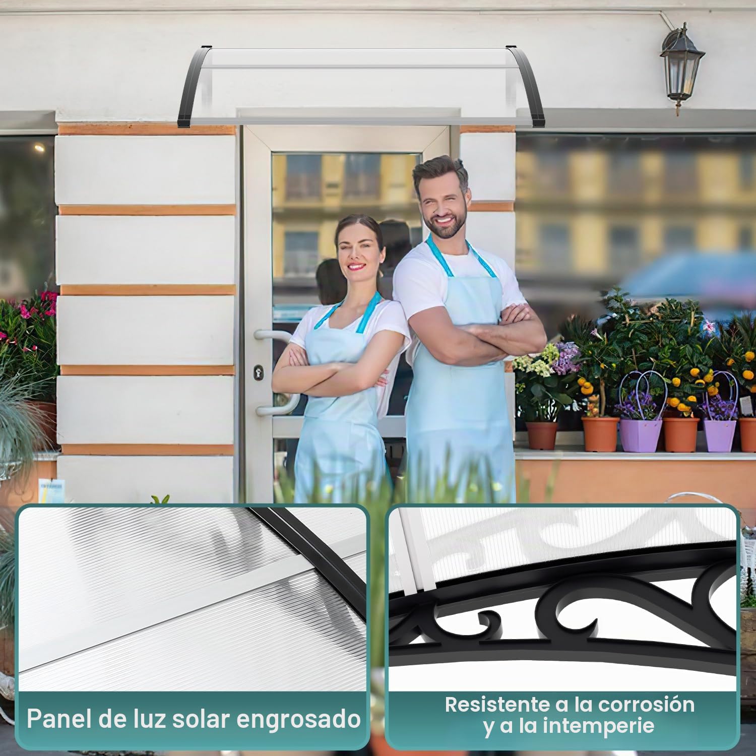 Marquesina para puerta de casa de 120 x 100 cm, toldo de policarbonato de 6 mm, soporte de PP, toldo transparente con arco de arco, extremadamente resistente a la intemperie, protege contra la