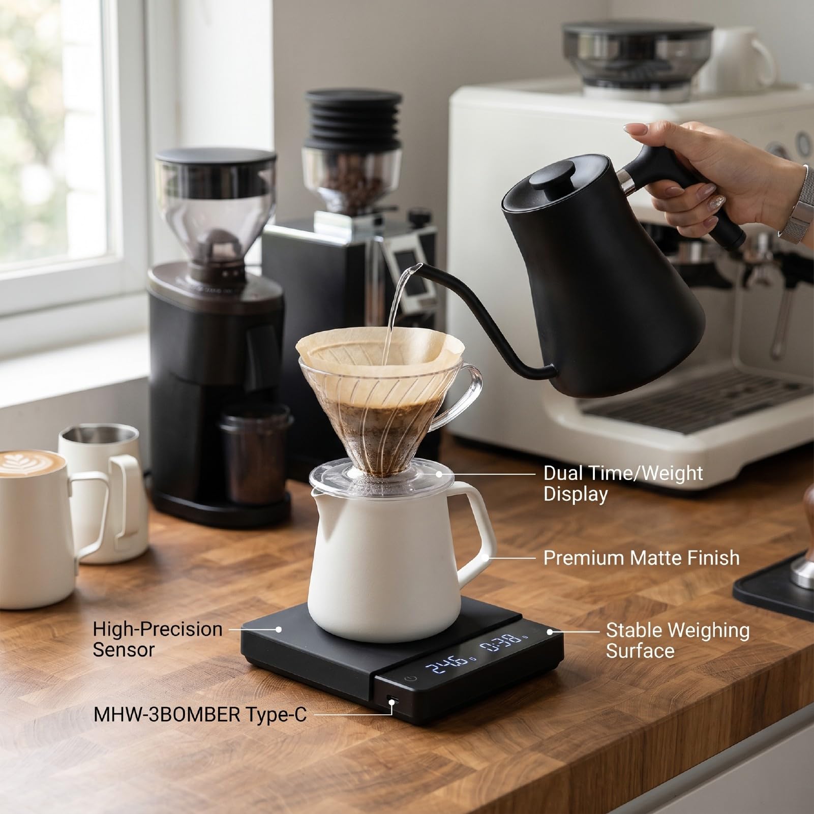 Zerodis Báscula de café, Báscula de Cocina Digital de Precisión de 0,1 G con Pantalla Clara 3 Modos de Preparación 700 MAh Peso de Cocina Recargable Antideslizante para Verter sobre el
