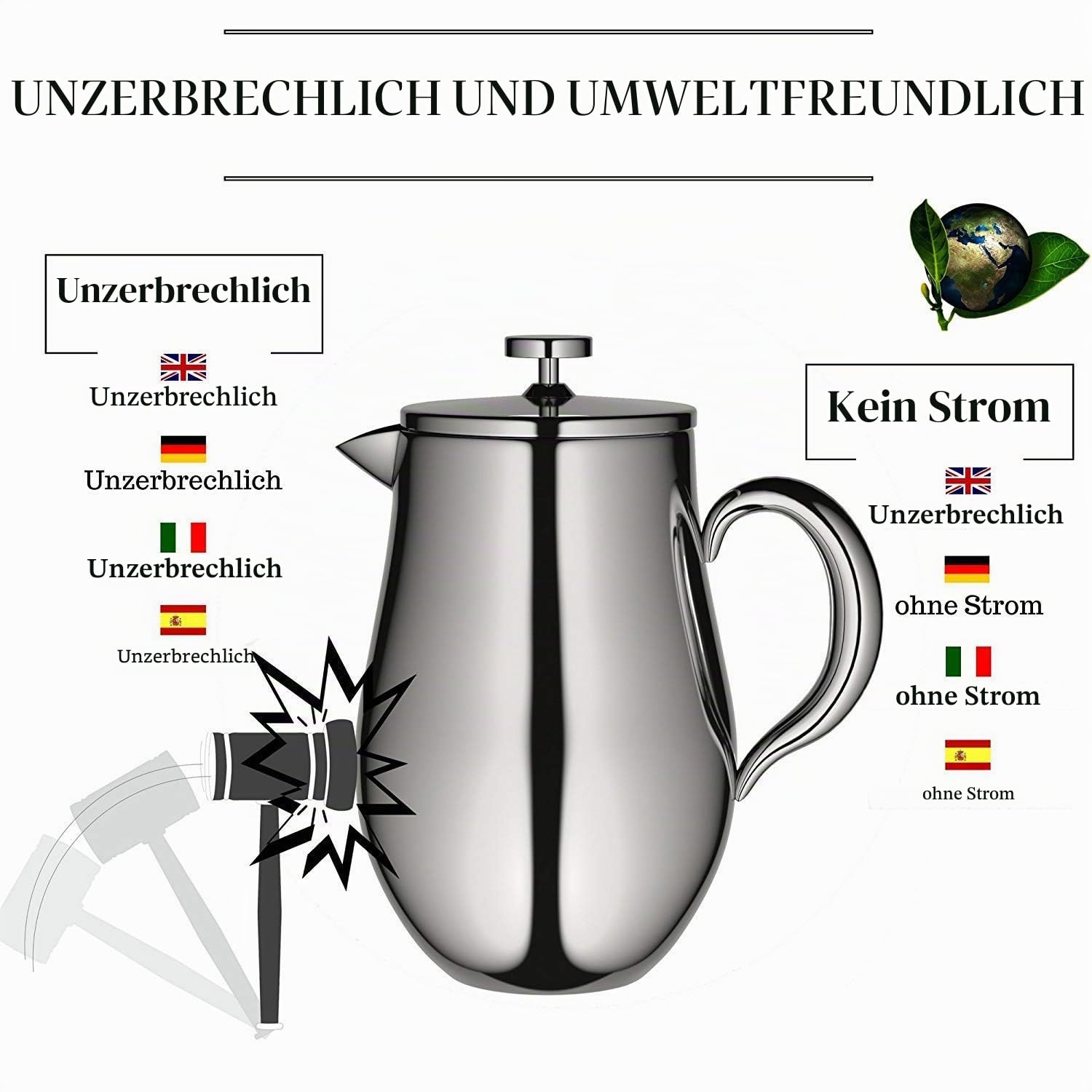 VeoHome French Press Kaffeebereiter Kaffeekanne unzerbrechlich und hält Ihren kaffee dank der Doppelhülle lange warm (1 Liter)