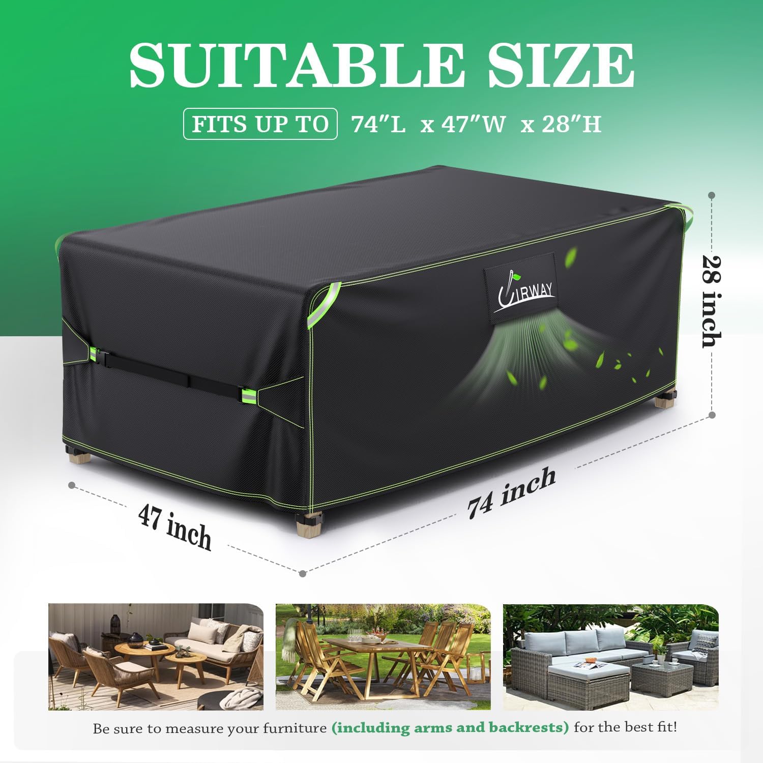 UIRWAY Patio Furniture Covers, 74"L x 47"W x 28"H Outdoor Table Covers Waterproof Rectangle, 420D Heavy Duty Large Cover for Garden Furniture, All-Weather UV-Resistant Protection with Reflective Strip
