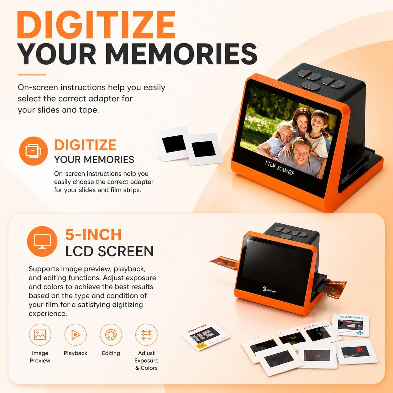 Diascanner, multifunktionaler Vintage-Film-zu-Digital-Konverter, | Integrierter SD-Speichersteckplatz, 5-Zoll-LCD-Display, direkter HDMI-TV-Ausgang, Digitalisierung alter Dias und Negative