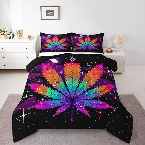 Edredón de plumón de hojas de cannabis, juego de edredón bohemio con 2 fundas de almohada, juego de ropa de cama con estampado colorido de plantas,