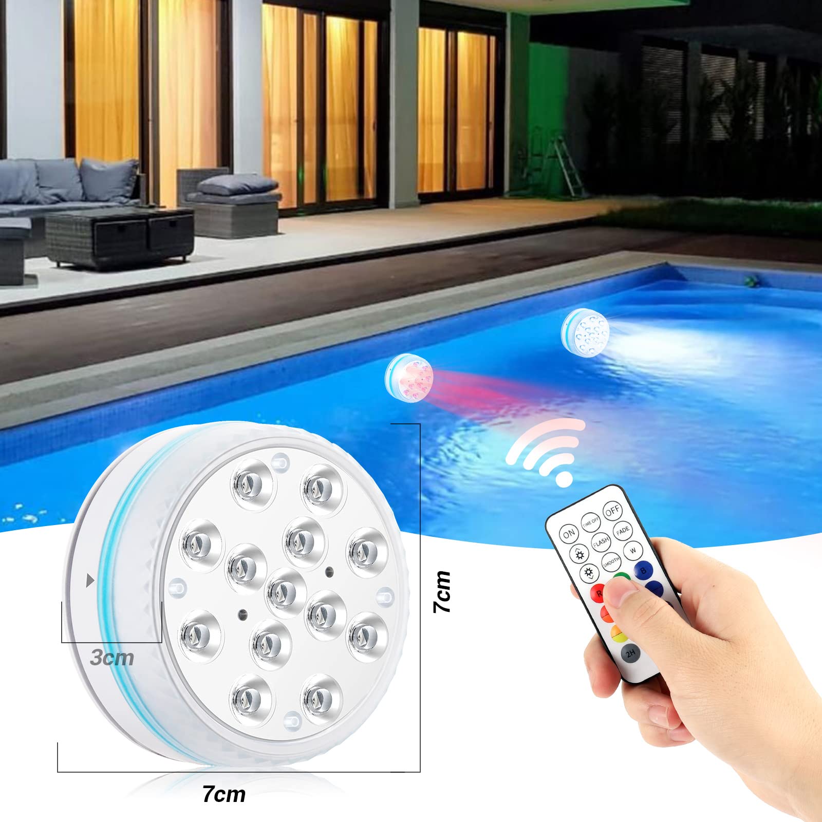 Éclairage De La Piscine Sous L'eau, IP68 Lumière Sous-marine Avec 13 Led Lumiere Etanche Avec Telecommande Pour La Piscine Base De Vase Fontaine Noel Ensemble De 4 Size Diameter 7cm 87343445