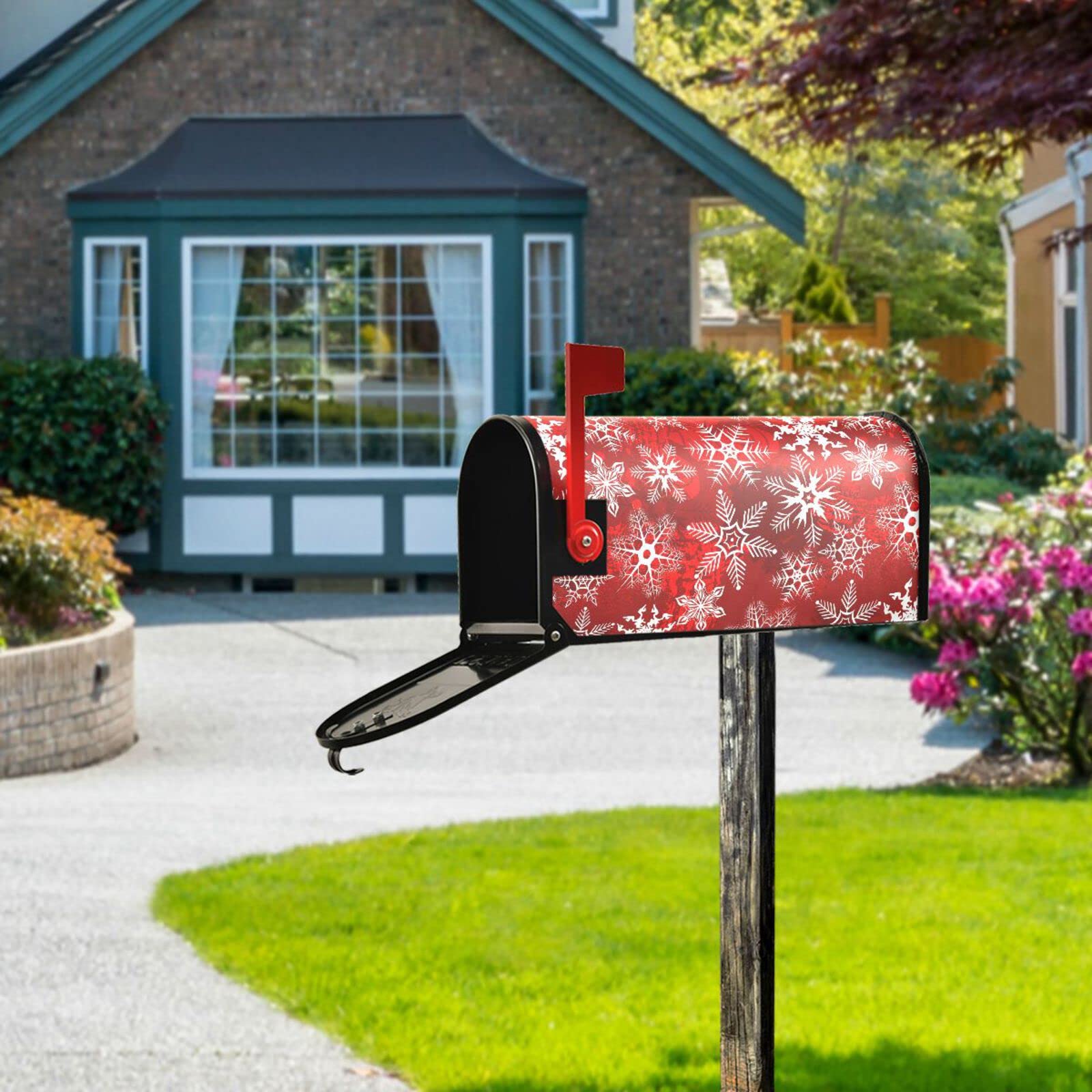senya Christmas Large Mailbox Cover Christmas Red Pattern with Snowflakes Flower Post Box Cover Garden Yard Decor for Outside